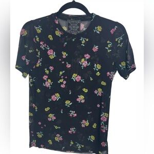 Johnny Was Samantha Mesh Top X-LARGE Black Floral Short Sleeve Crew Neck Tee